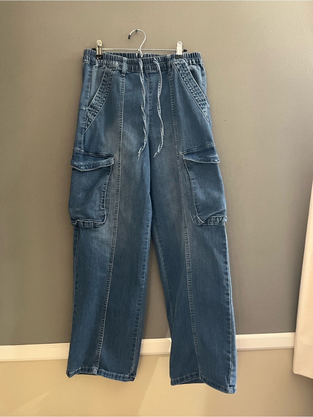 Madden NYC Wide Leg Jeans Cargo Pockets Elastic Waist Y2K Denim Pants Utility